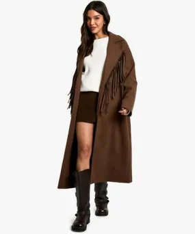 boohoo Womens Fringe Detail Wool Look Maxi Coat