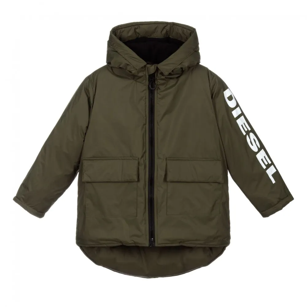 Boys Khaki Green Logo Coat