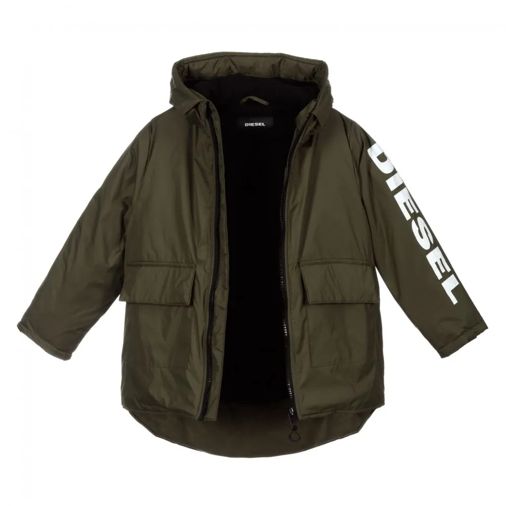 Boys Khaki Green Logo Coat