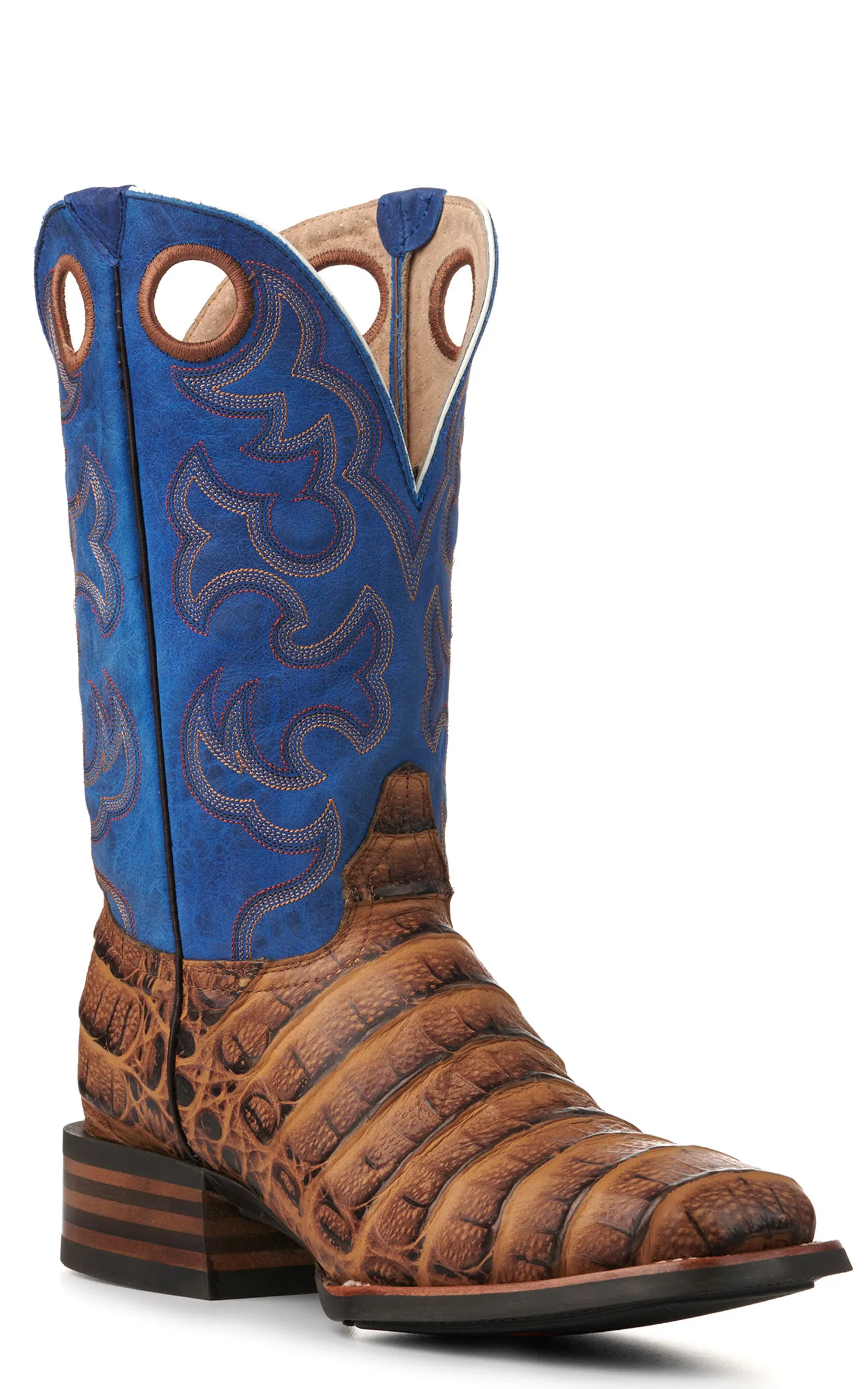 Cavender's Men's Intrepid Honey Giant Caiman Print and Blue Wide Square Toe Cowboy Boots