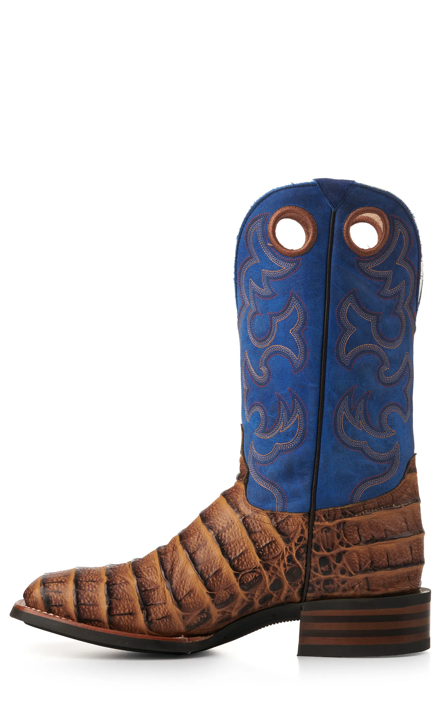 Cavender's Men's Intrepid Honey Giant Caiman Print and Blue Wide Square Toe Cowboy Boots