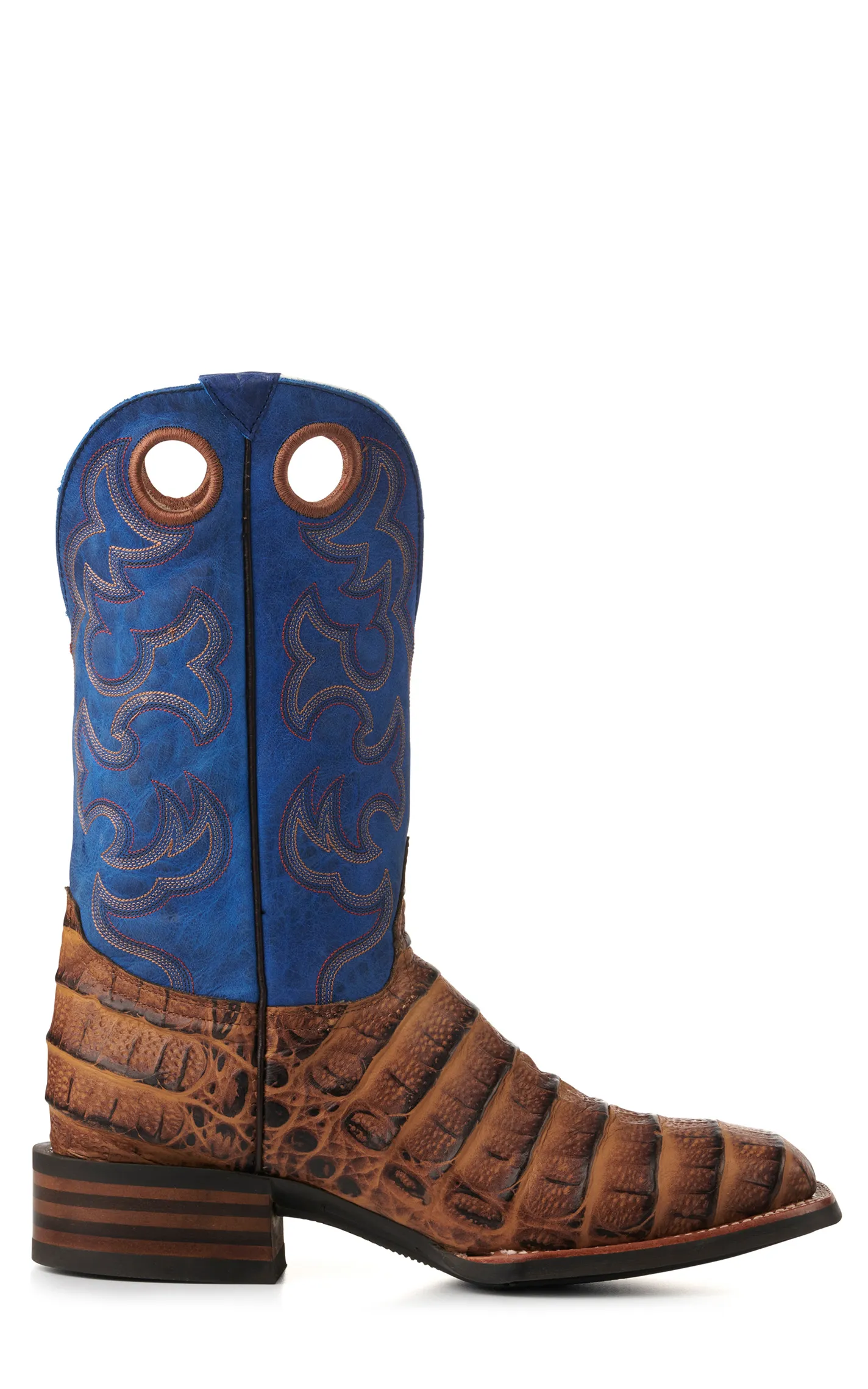 Cavender's Men's Intrepid Honey Giant Caiman Print and Blue Wide Square Toe Cowboy Boots