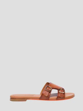 Double Buckle Flat Sandal in Brown