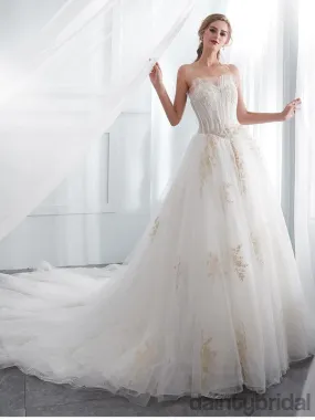 Elegant sweatheart long train lace up back A-line tulle lace applique wedding dress. DB0039