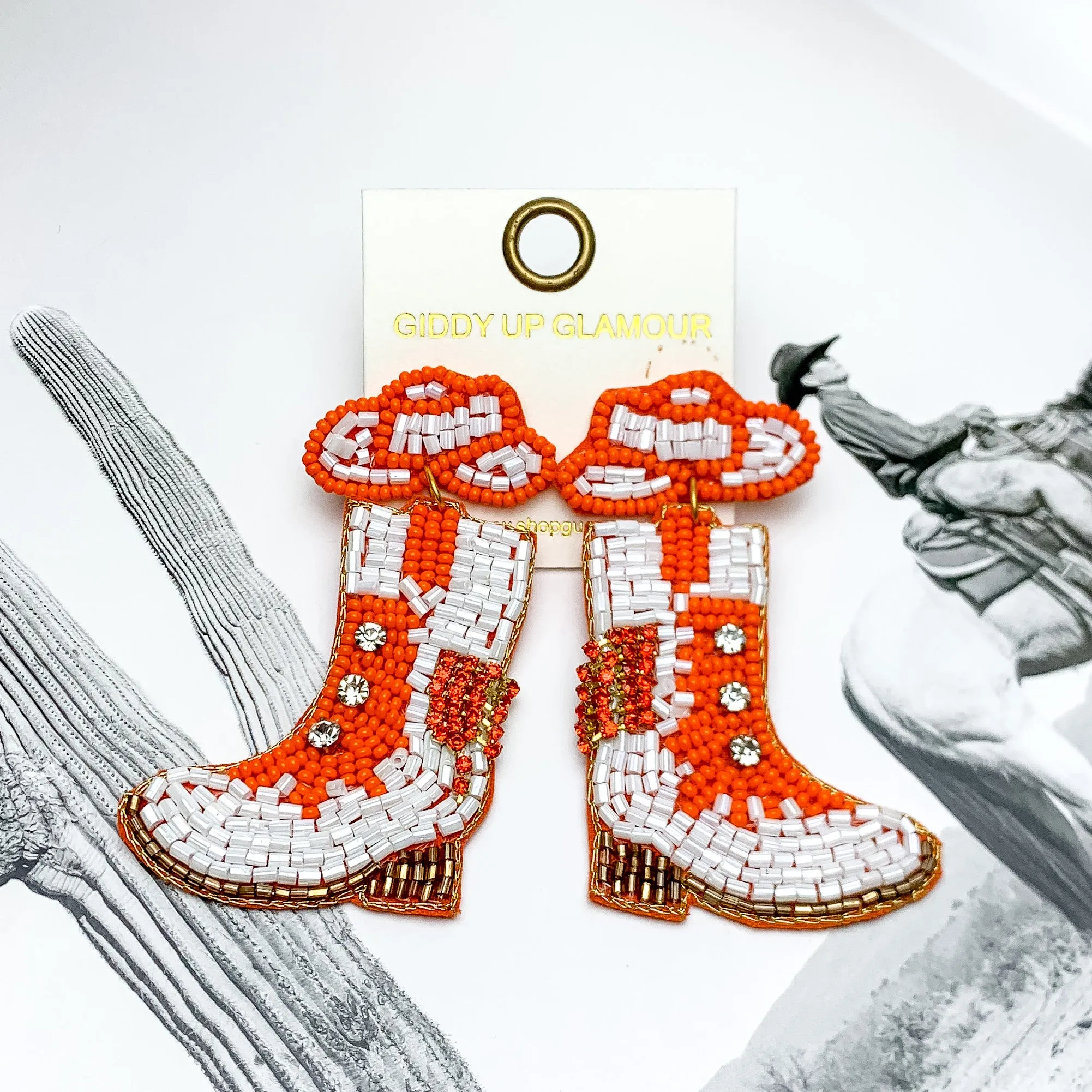 Gameday Cowgirl Beaded Hat and Boot Earrings in Orange and White