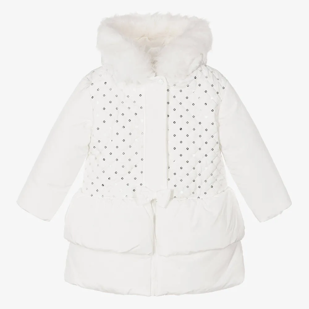 Girls White Padded Hooded Coat