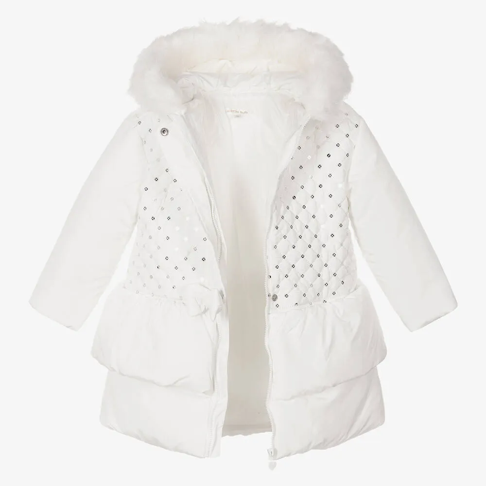 Girls White Padded Hooded Coat