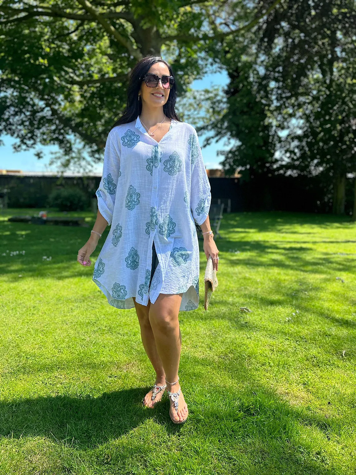 Green Damask Pattern Longline Shirt Orla