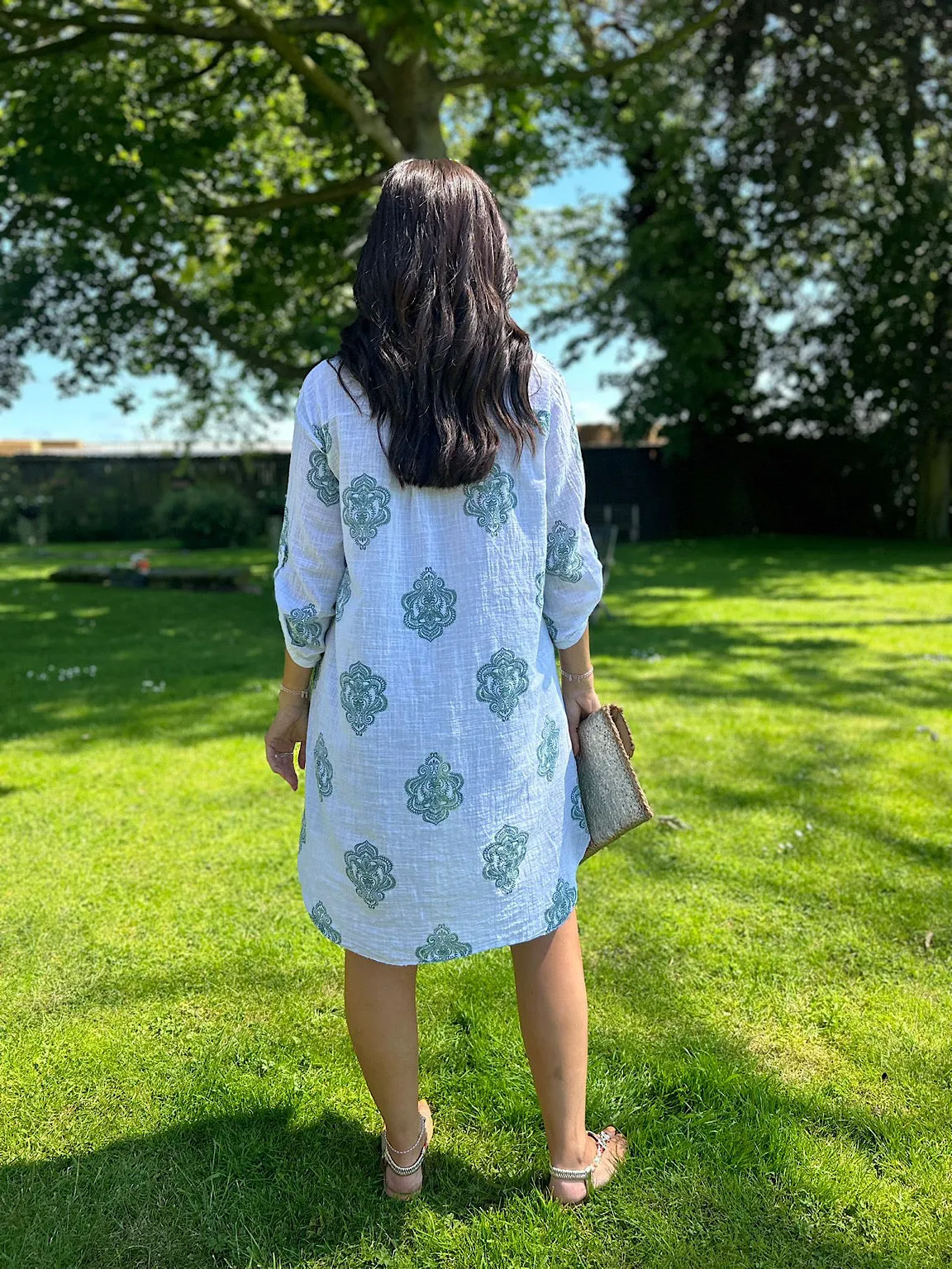 Green Damask Pattern Longline Shirt Orla