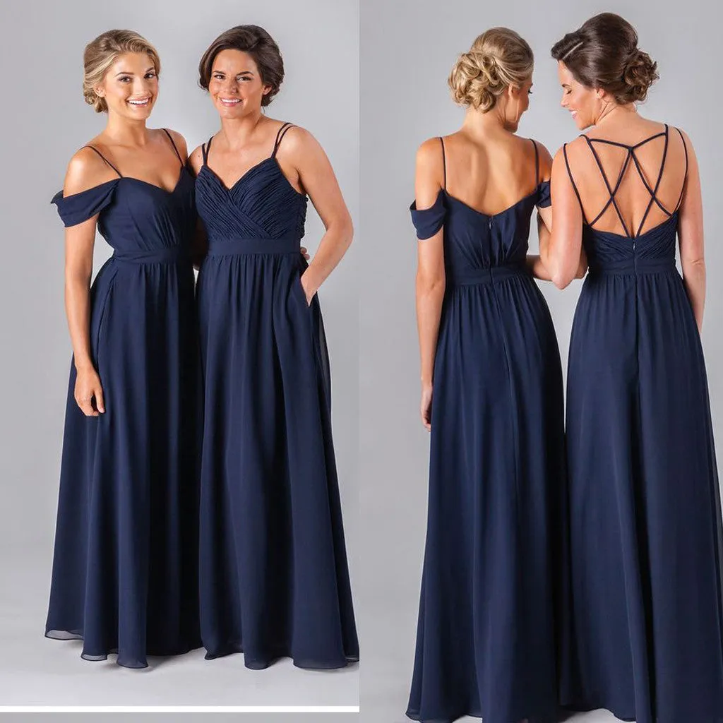 Hot Sale Mismatched  Navy Spaghetti Strap Simple Off Shoulder A-line Pleats Criss-Cross Bridesmaid Dress. DB1026