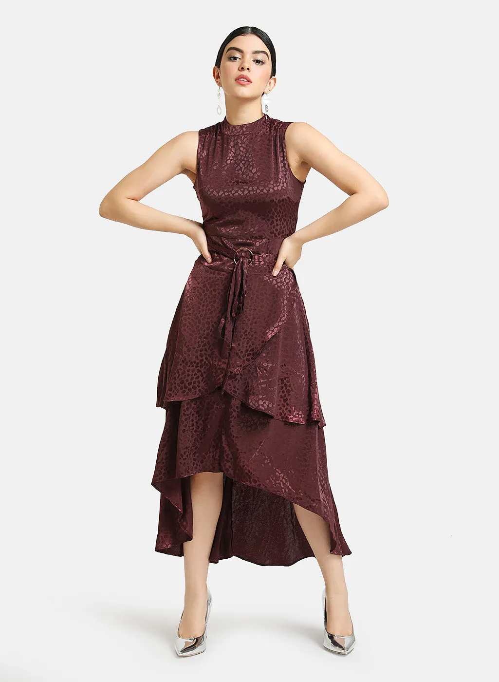 Jacquard Midi Dress With Tiers & Belt