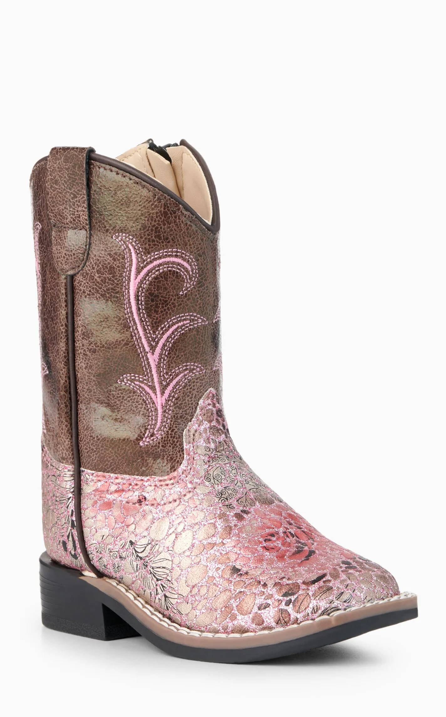 Old West Toddler Brown and Crackle Antique Pink Square Toe Cowboy Boots