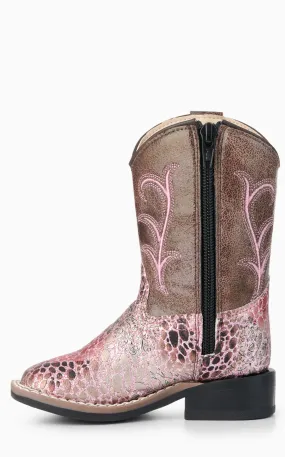 Old West Toddler Brown and Crackle Antique Pink Square Toe Cowboy Boots