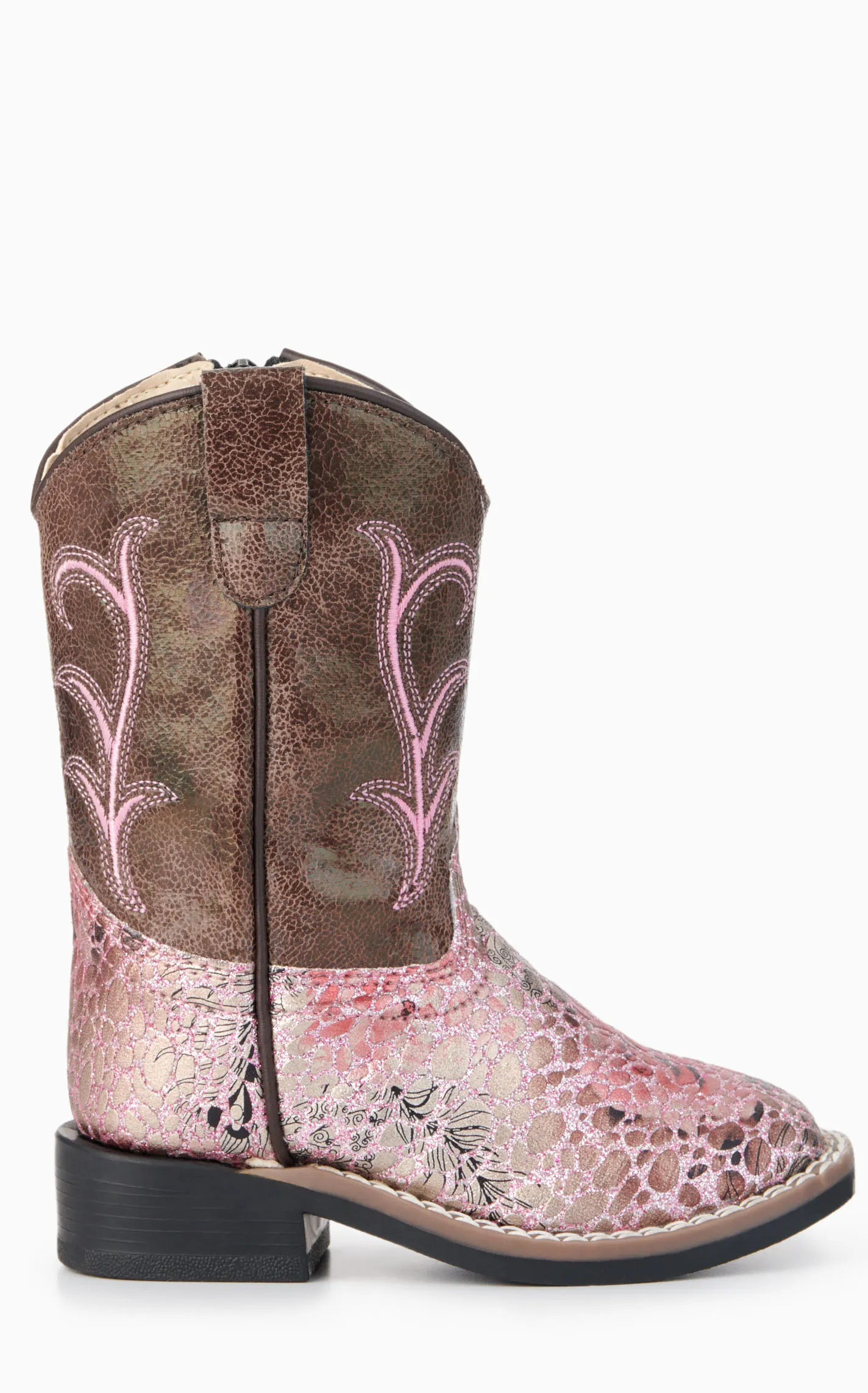 Old West Toddler Brown and Crackle Antique Pink Square Toe Cowboy Boots