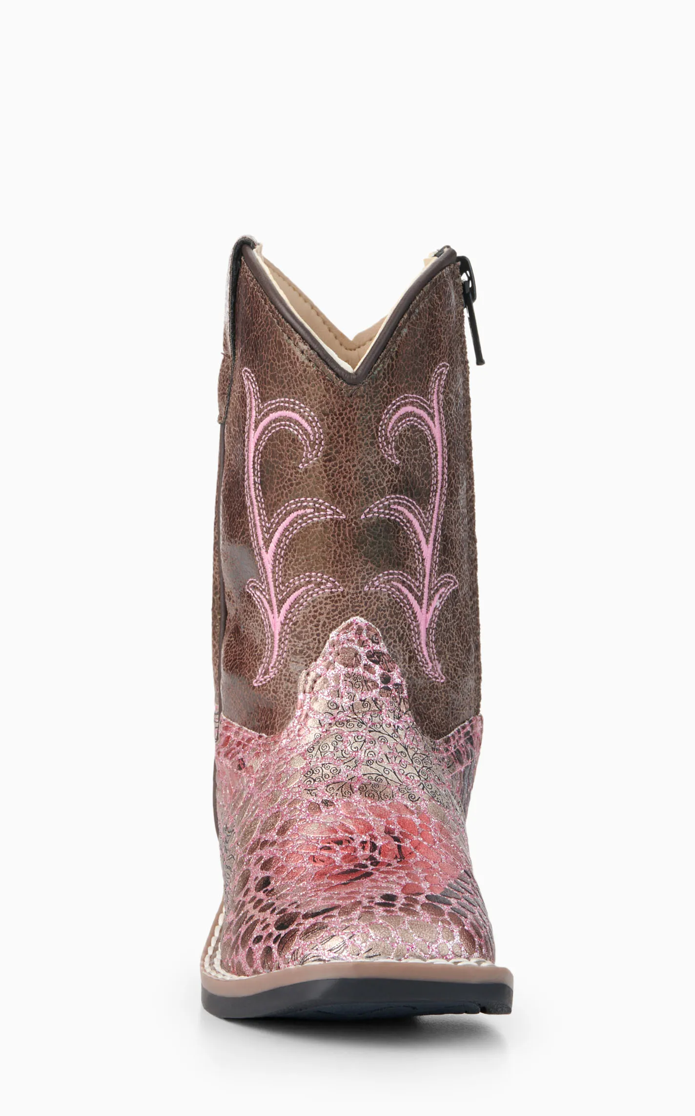 Old West Toddler Brown and Crackle Antique Pink Square Toe Cowboy Boots