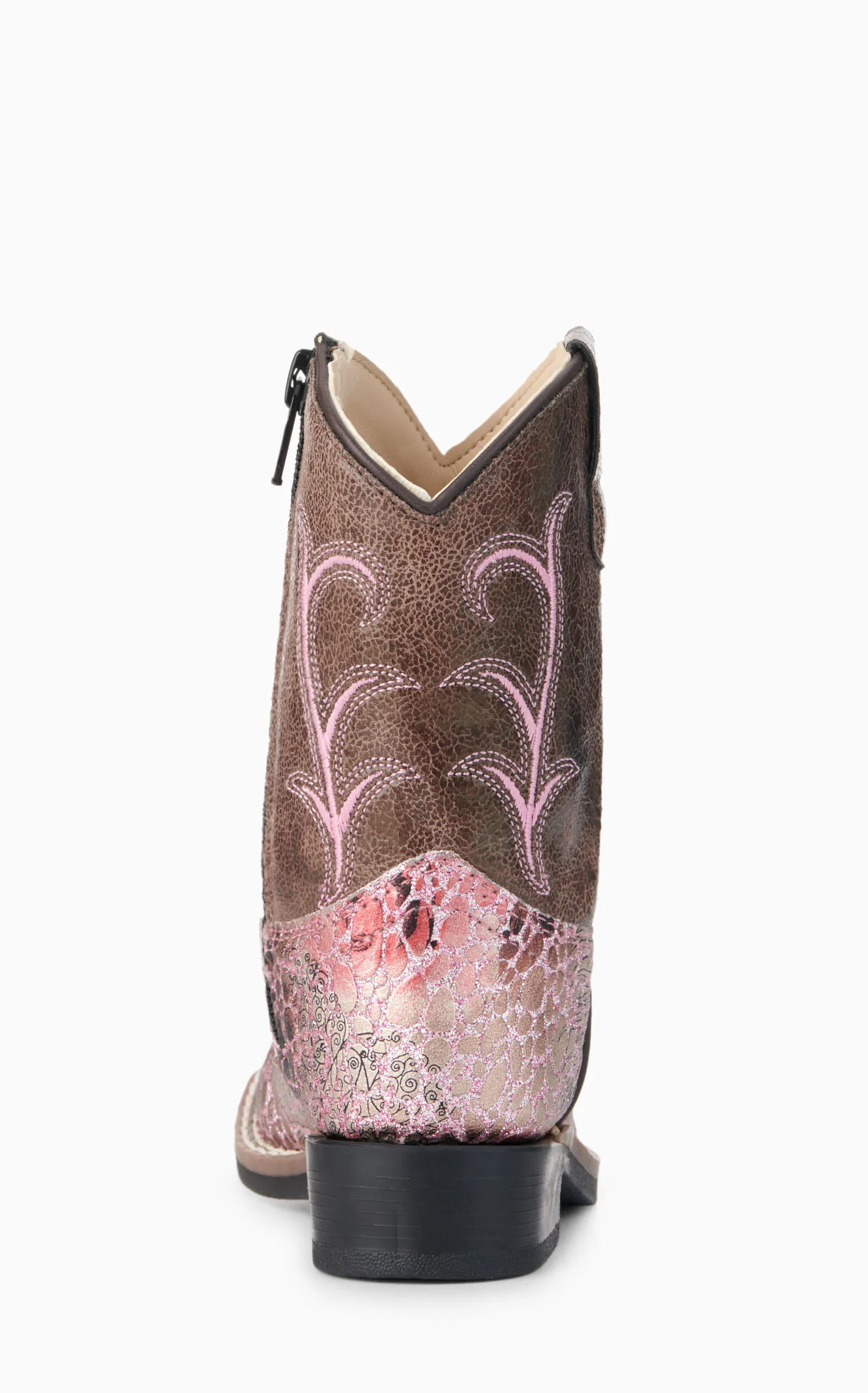 Old West Toddler Brown and Crackle Antique Pink Square Toe Cowboy Boots