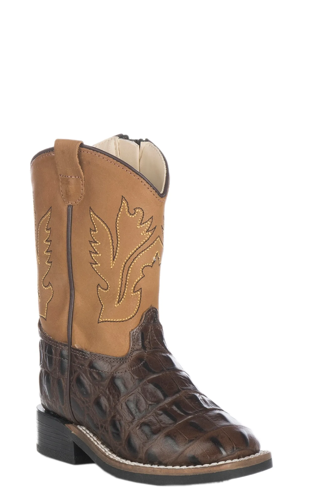 Old West Toddler Chocolate Croc Print and Tan Wide Square Toe Cowboy Boots