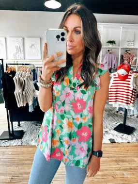 Ruffle Sleeve Tropical Green Top