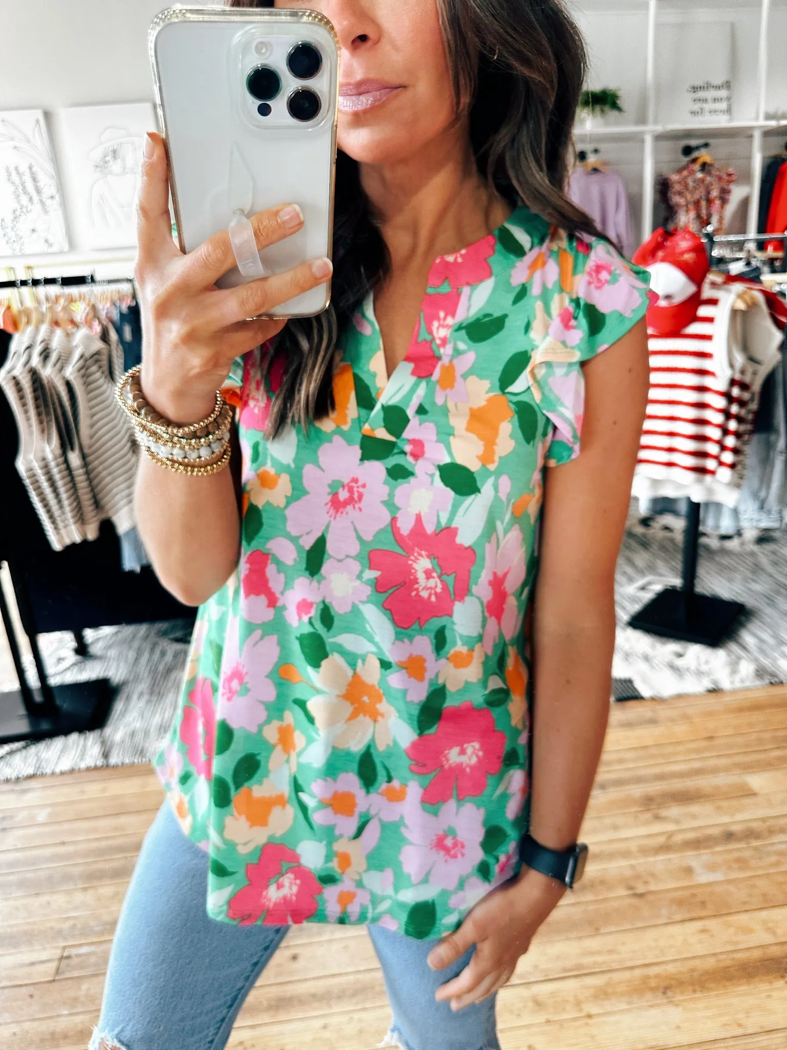 Ruffle Sleeve Tropical Green Top