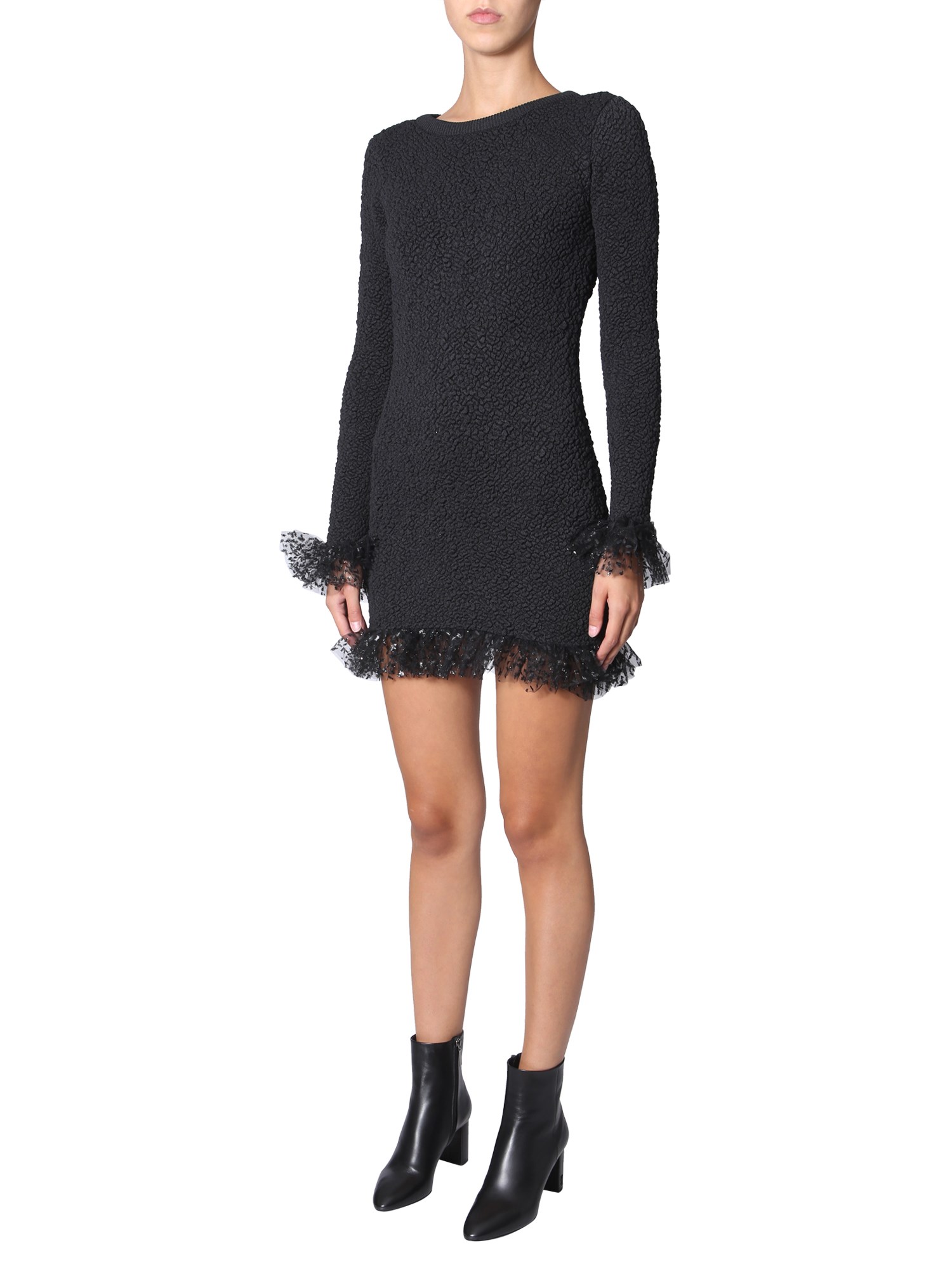 SAINT LAURENT    SMOCKED KNIT DRESS IN SILK AND TULLE