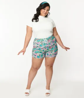 Smak Parlour Plus Size Teal Groovy Mushrooms Shorts