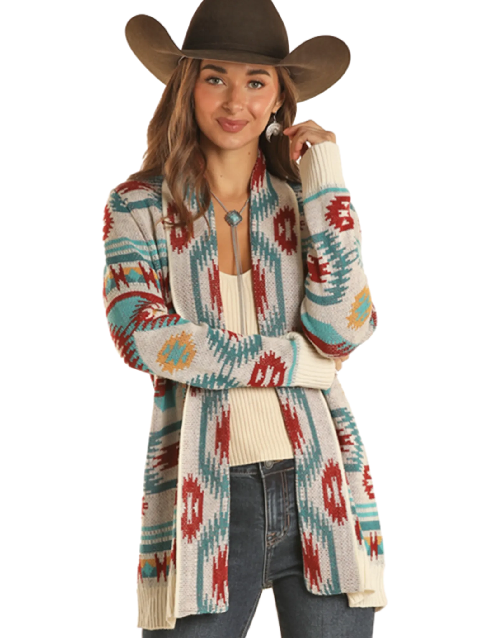 Womens Cream Turquoise and Rust Aztec Cardigan Sweater