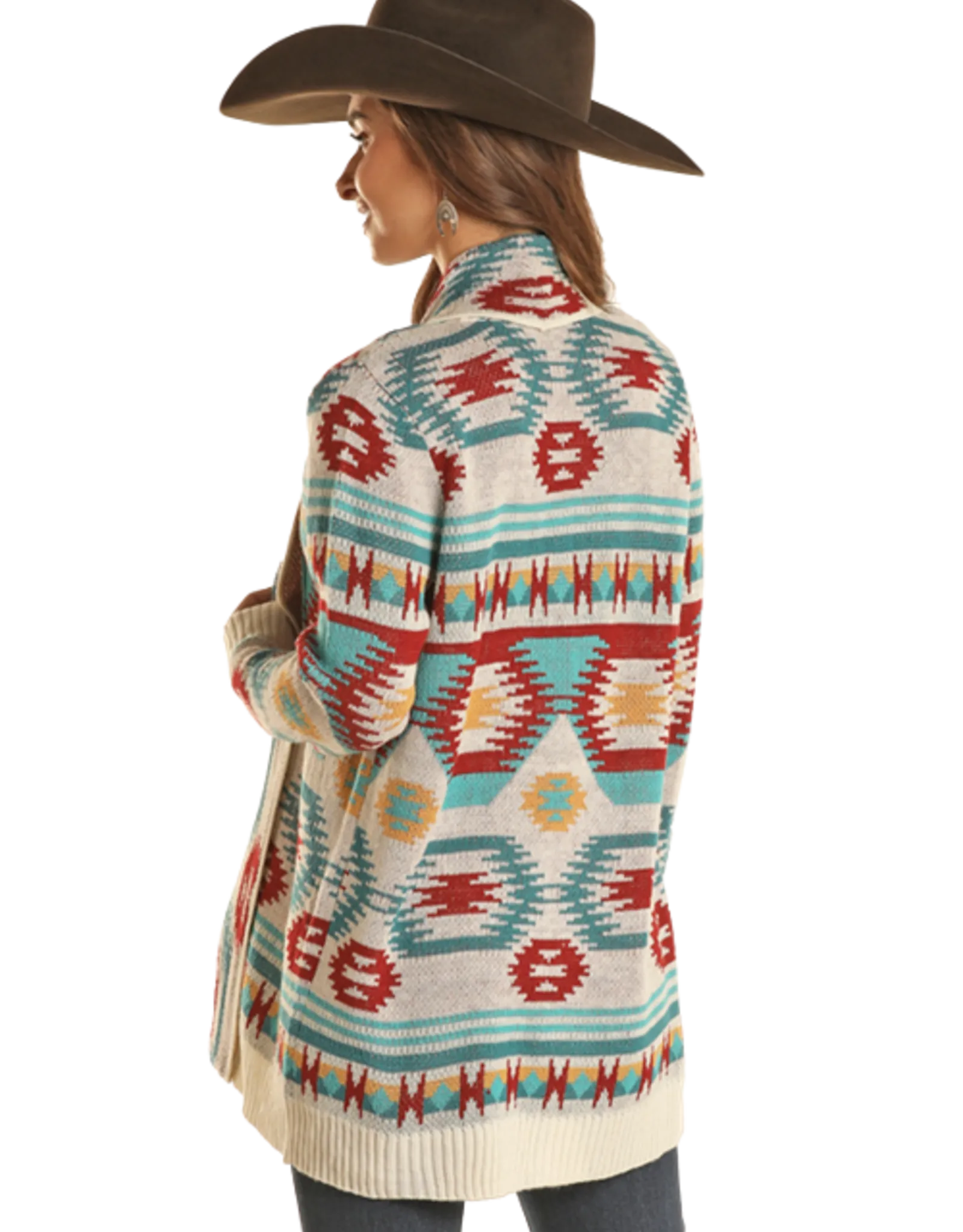 Womens Cream Turquoise and Rust Aztec Cardigan Sweater